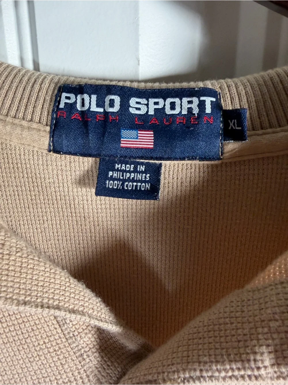 Polo Sport Ralph Lauren Polo Shirt Mens XL Tan Flag Logo Vintage Preppy Knit Dad
